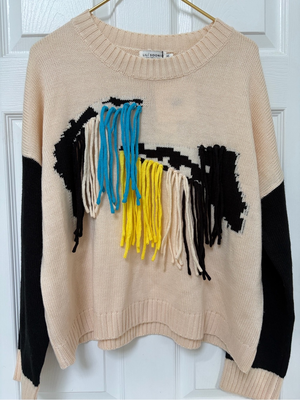 Fringe-Trim Crewneck Sweater in Beige and Black by Lili Sidonio - Picture 3 of 6